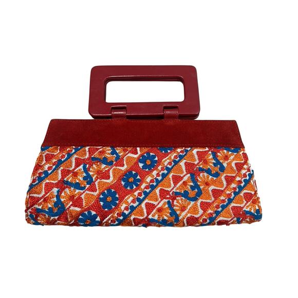 Crewel Embroidered Suede Floral Wood Handle Boho Hippie Art To Wear Clutch Purse - Picture 5 of 8